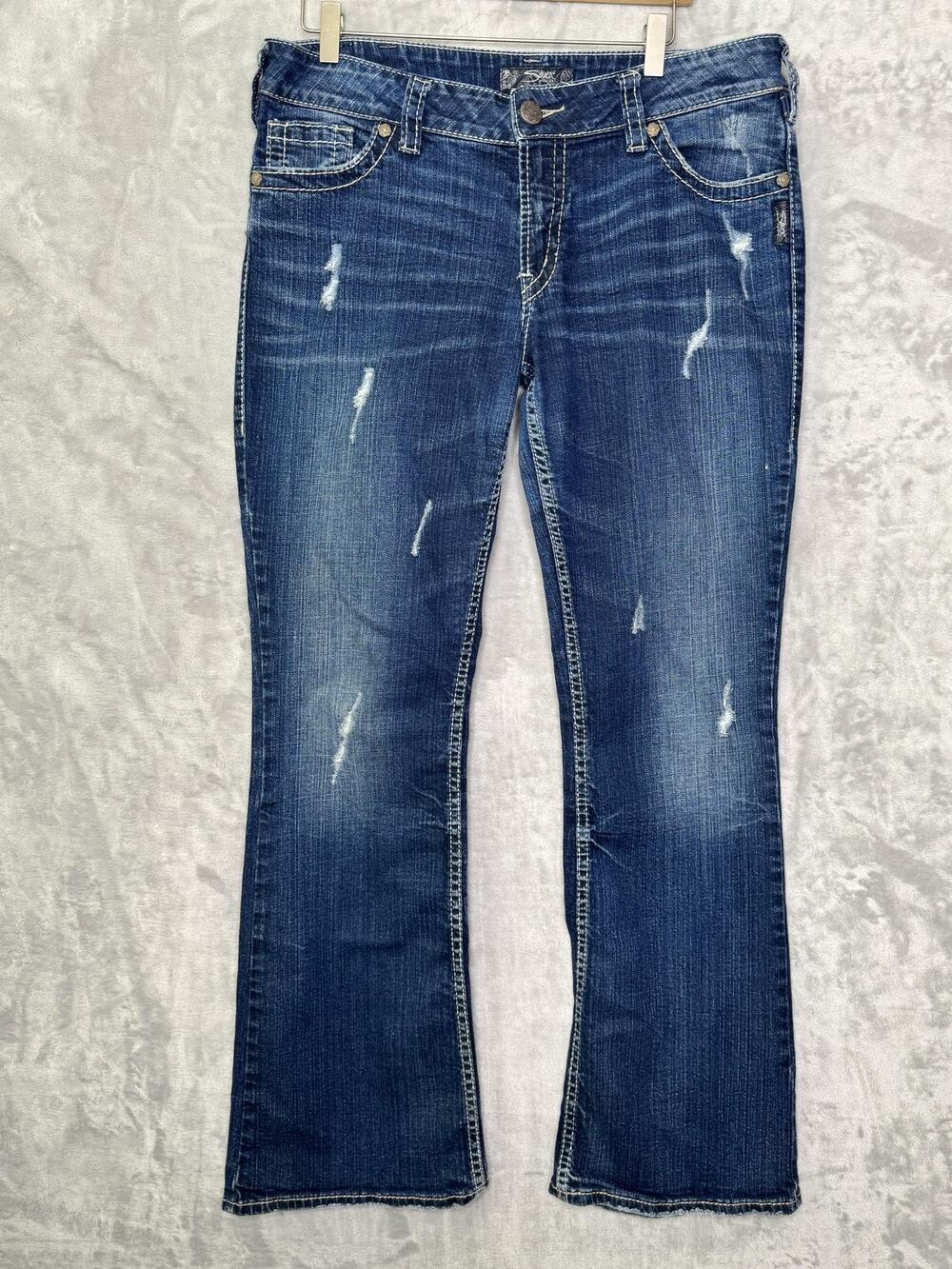 Silver Jeans Co Suki Surplus Jeans Womens 34x32 Blue Bootcut Stretch Distressed